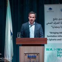 Michel Moawad speech during the delivery of 2 waste disposal trucks by the Rene Moawad Foundation to Zgharta municipaliy